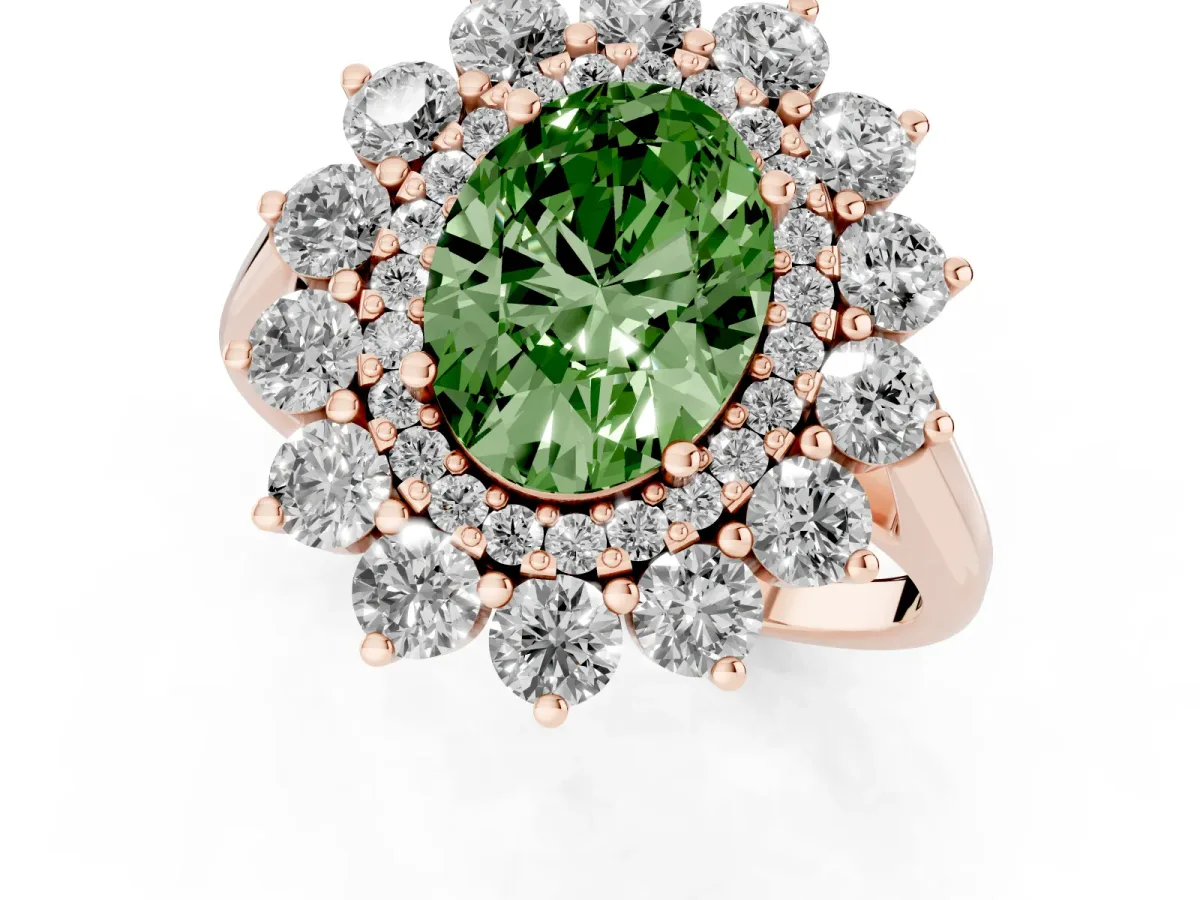 Fancy Green Oval Cut Diamond Floral Double Halo Engagement Ring with Prong Setting Rose gold