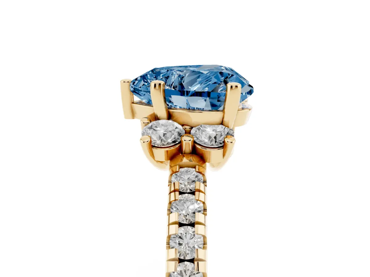 Fancy Blue Heart Cut Diamond Three-Stone Pave Band with Four-Prong Setting Yellow gold
