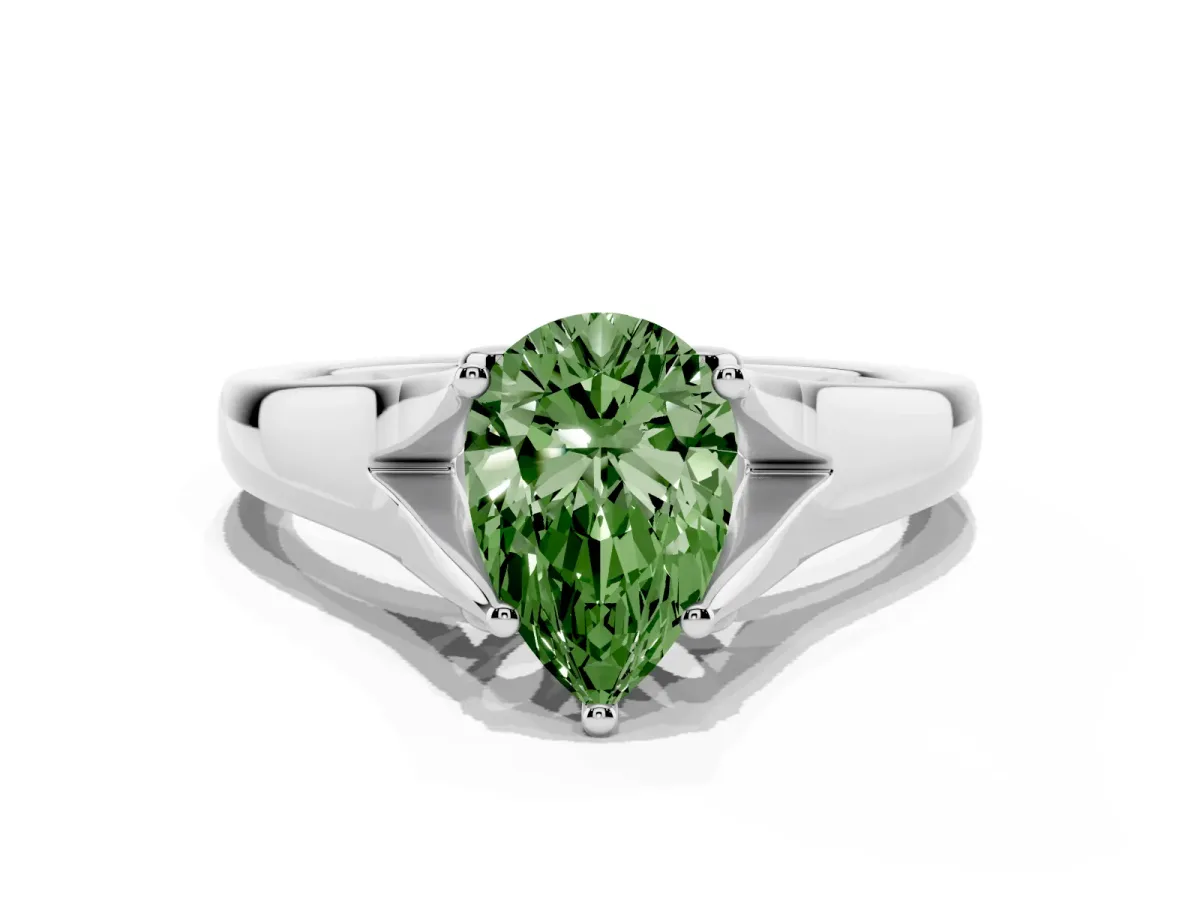 Fancy Green Pear Cut Solitaire Diamond Ring with Cathedral Band and Four-Prong Setting Silver