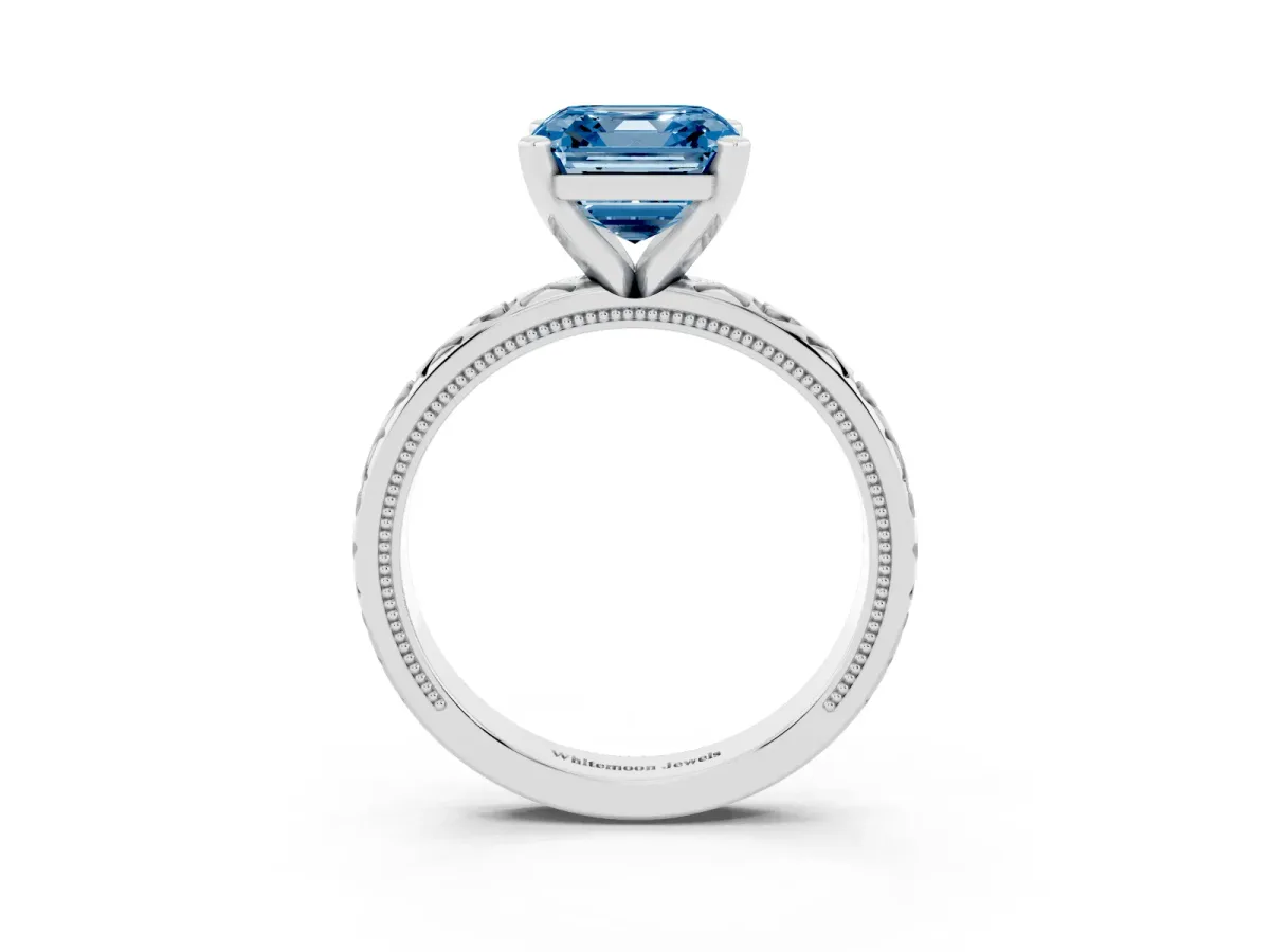 Fancy Blue Asscher Cut Solitaire Diamond Engagement Ring with XO Engraved Band and Four-Prong Setting Silver