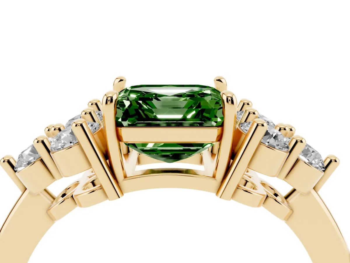 Fancy Green Asscher Cut Brilliant Diamond Cluster Accent Solitaire Ring with Prong Setting Yellow gold