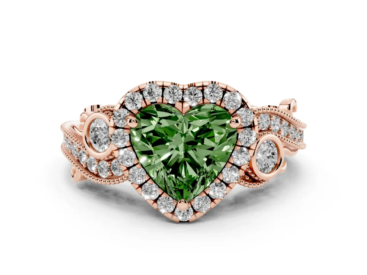 Fancy Green Heart Cut Diamond Halo Ring with Milgrain Pavé Band and Four-Prong Setting Rose gold