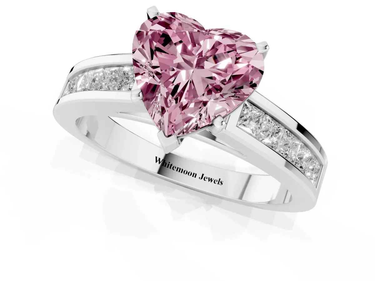 Fancy Pink Heart Cut Solitaire Diamond Ring with Channel-Set Band and Four-Prong Setting White gold