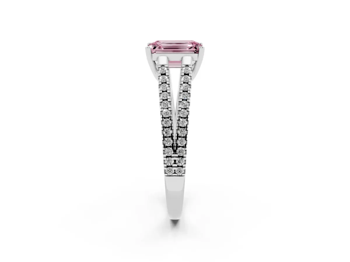 Fancy Pink Emerald Cut Diamond Solitaire Engagement Ring with Split Shank Pavé Band Silver