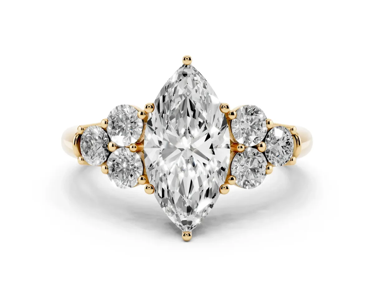 Marquise Cut Cut Diamond Cluster Ring with Round Accent Stones and Prong Setting on a Classic Band Yellow gold