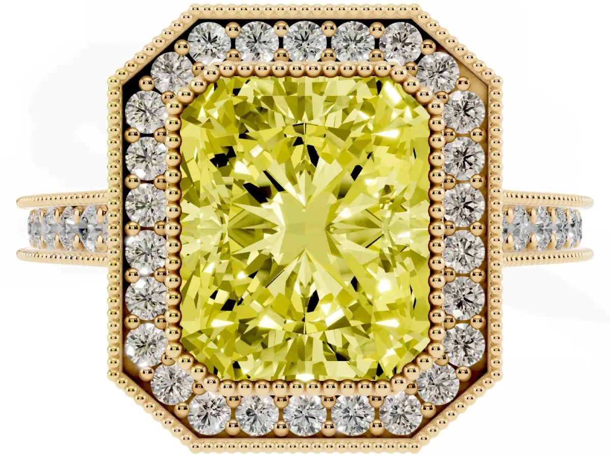 Fancy Yellow Halo Radiant Cut-Cut Diamond Pave Band Milgrain Prong Setting Ring Yellow gold