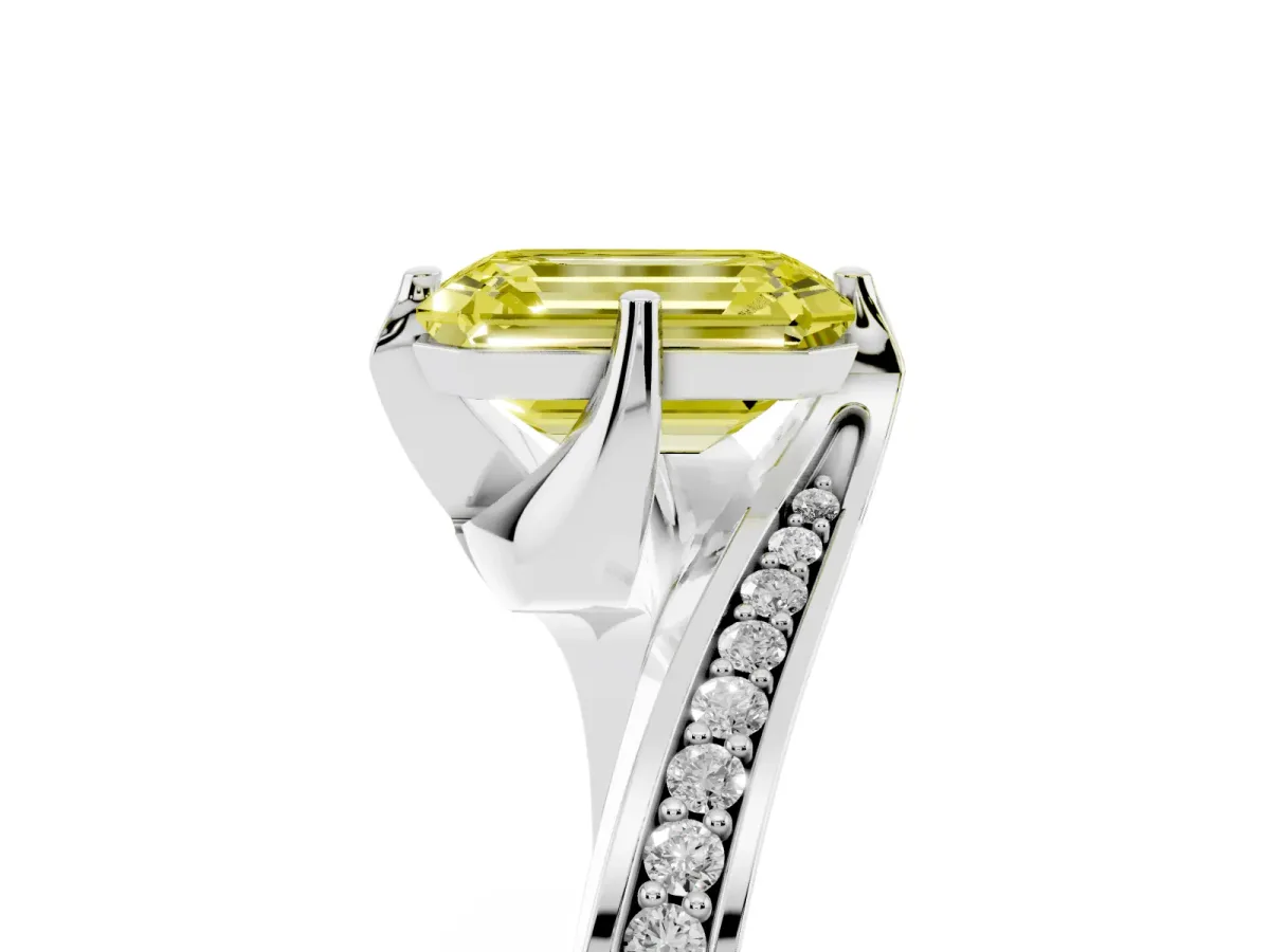 Fancy Yellow Emerald Cut Solitaire Diamond Twist Band with Pavé Setting and Four-Prong Setting Silver