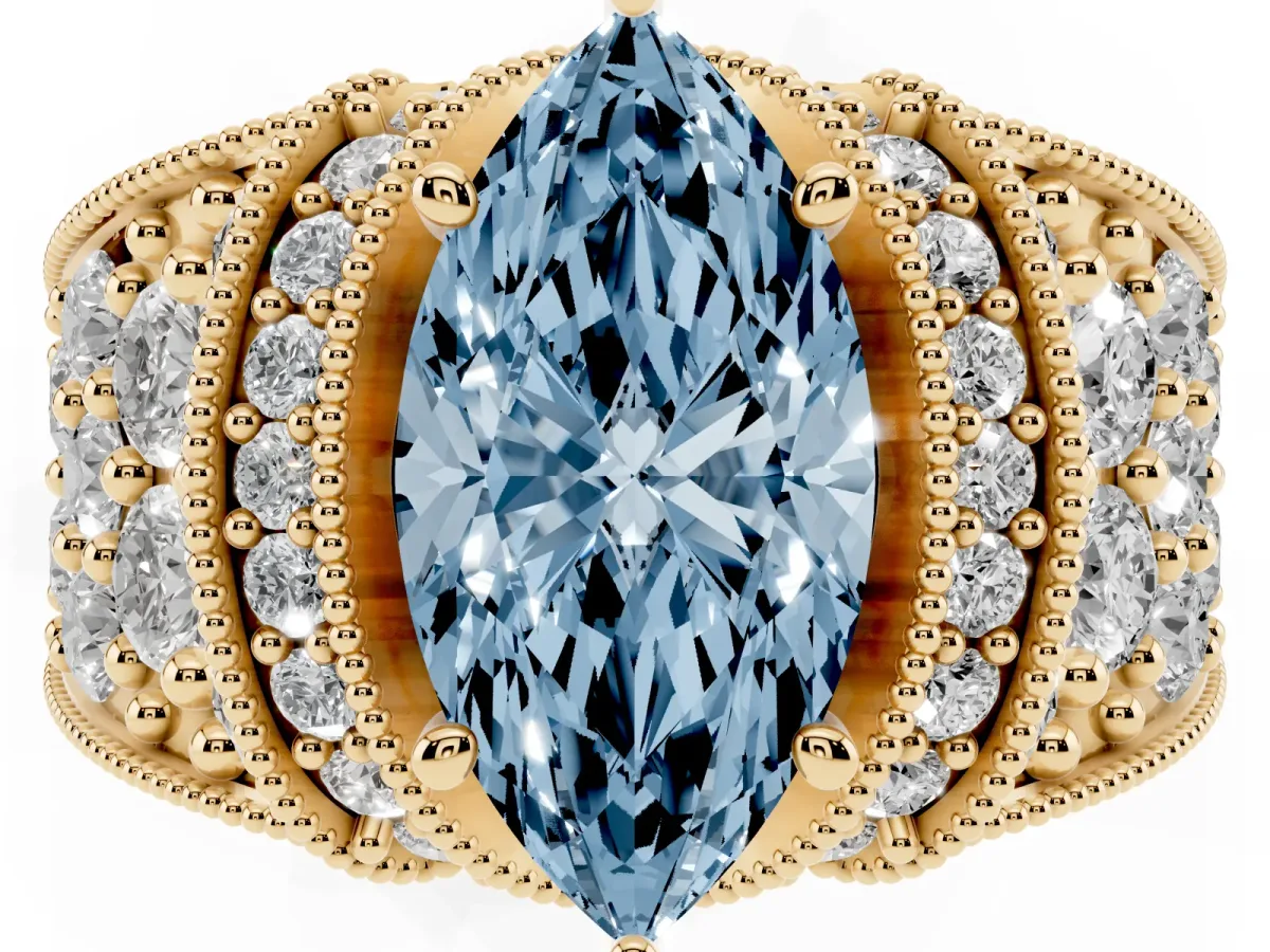 Fancy Blue Marquise Cut Halo Pave Diamond Engagement Ring with Milgrain Detailing Yellow gold