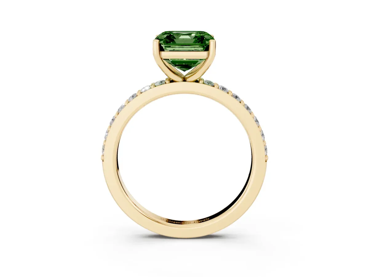 Fancy Green Asscher Cut Cut Diamond Solitaire with Pave Band and Four-Prong Setting Yellow gold