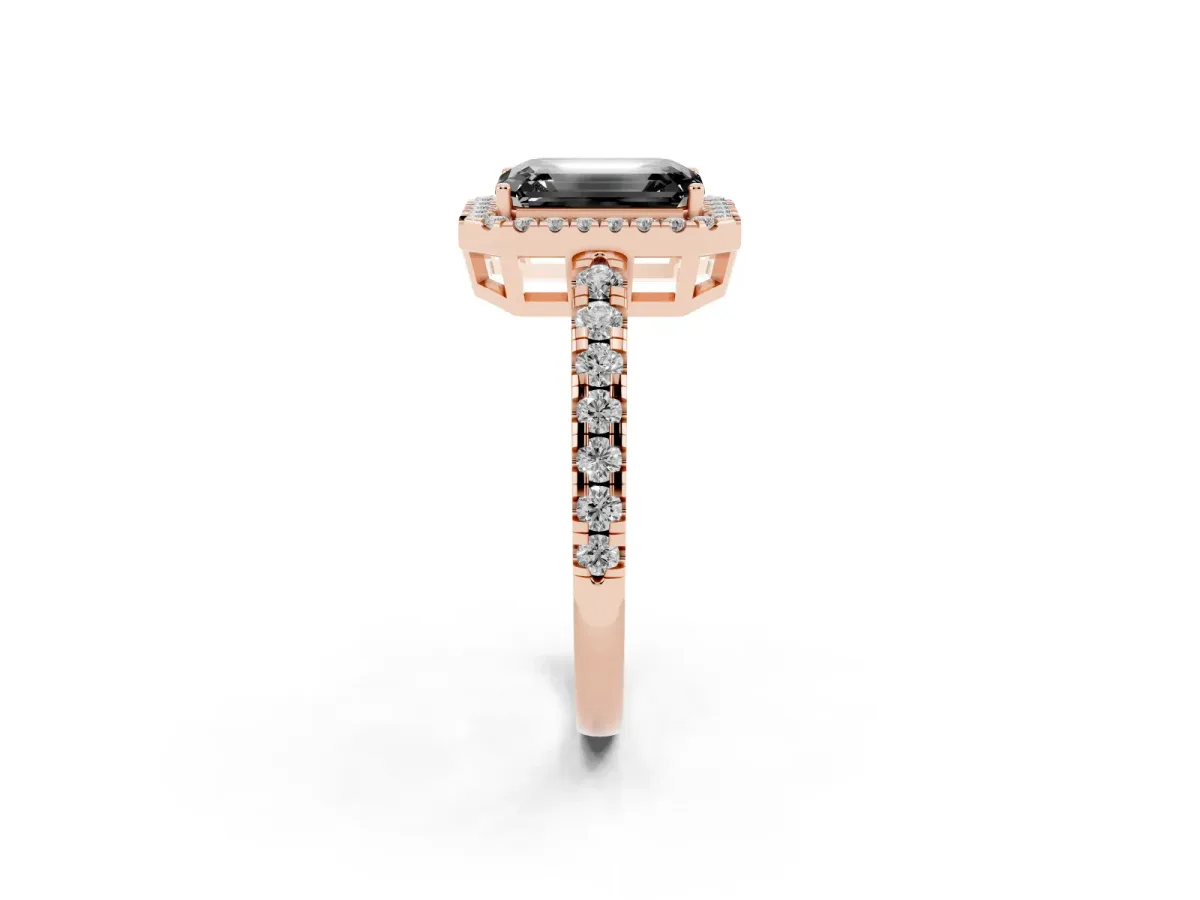 Fancy Black Emerald Cut Diamond Halo Ring with Pavé Band and Four-Prong Setting Rose gold
