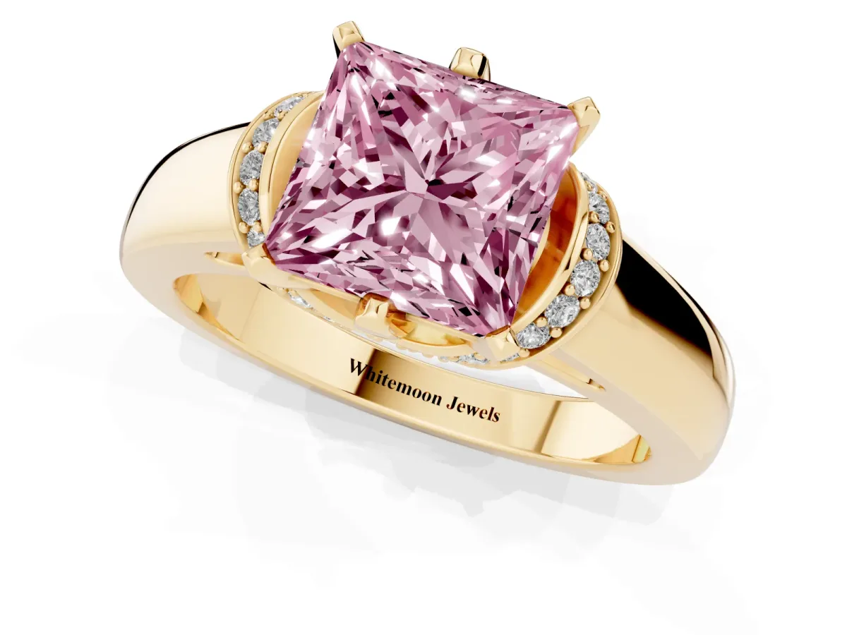 Fancy Pink Princess Cut Solitaire Diamond Ring with Pave Band and Six-Prong Setting Yellow gold