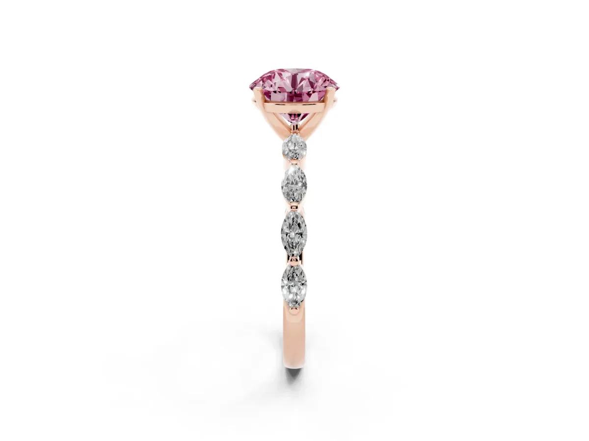 Fancy Pink Round Cut Diamond Ring with Marquise Side Stones and Prong Setting Rose gold