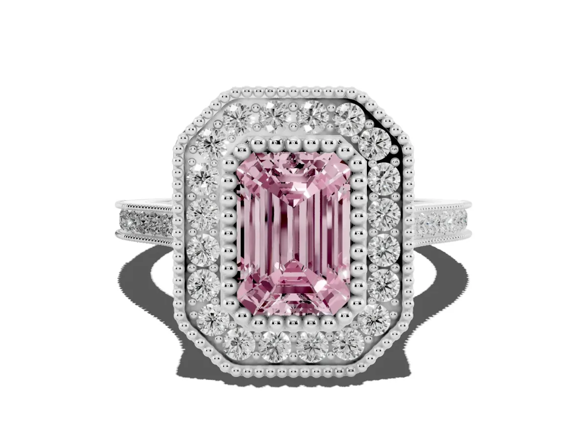 Fancy Pink Emerald Cut Diamond Halo Ring with Milgrain Frame and Pavé Band Silver
