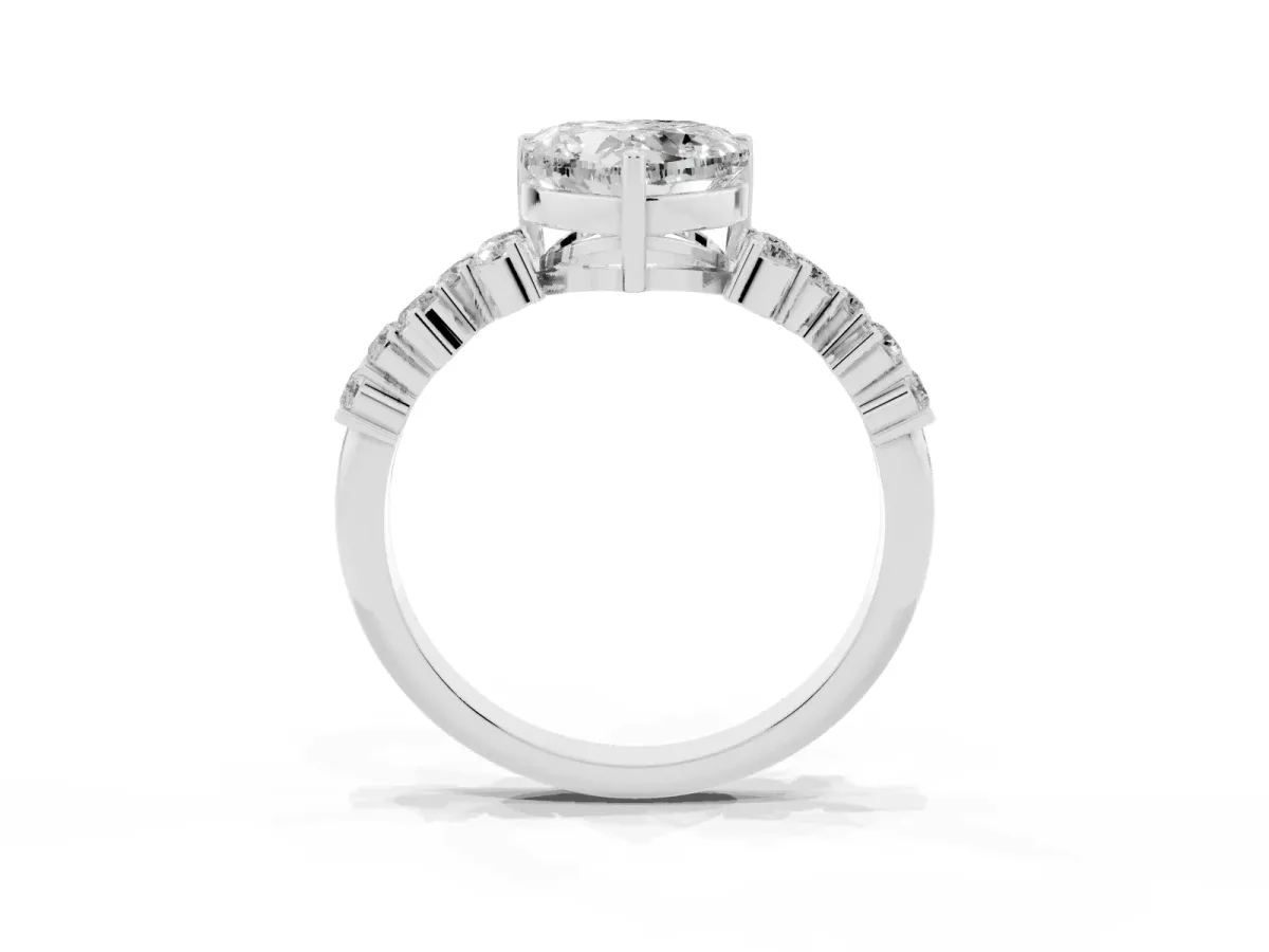 Heart Cut Diamond Scattered Round Accent Ring with Prong Setting Silver