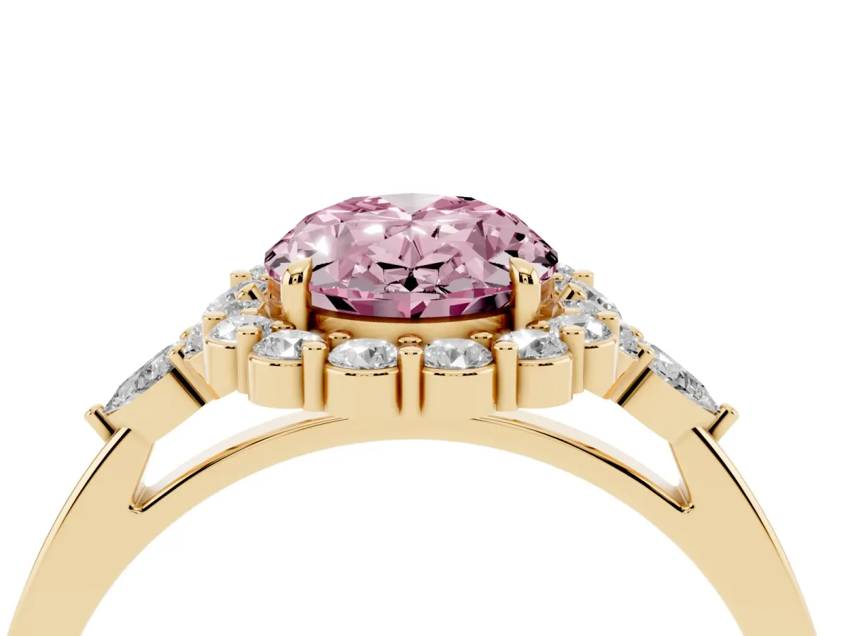 Fancy Pink Oval Cut Diamond Halo Ring with Pear Side Stones and Prong Setting Yellow gold