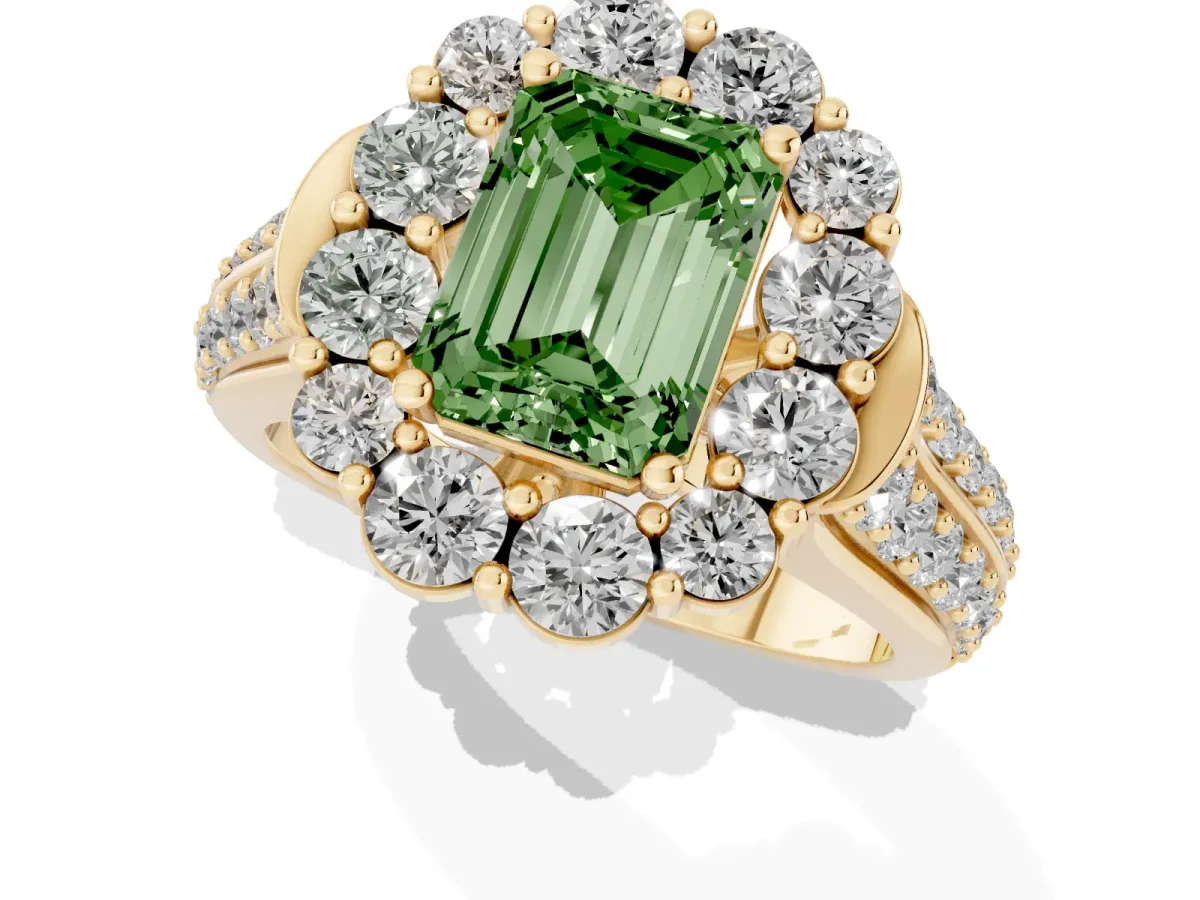Fancy Green Emerald Cut Halo Diamond Engagement Ring with Split Shank and Prong Setting Yellow gold