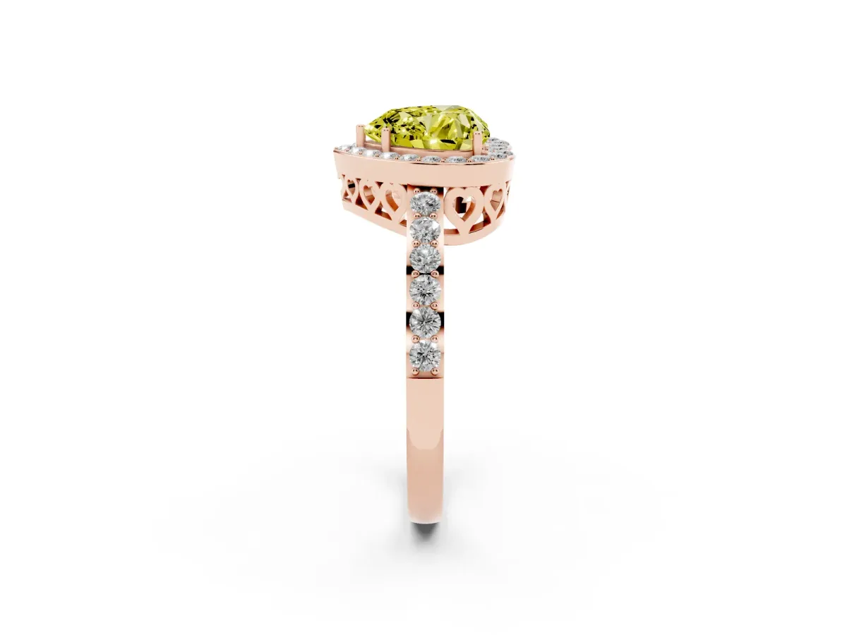 Fancy Yellow Heart Cut Halo Diamond Pavé Band Ring with Prong Setting Rose gold