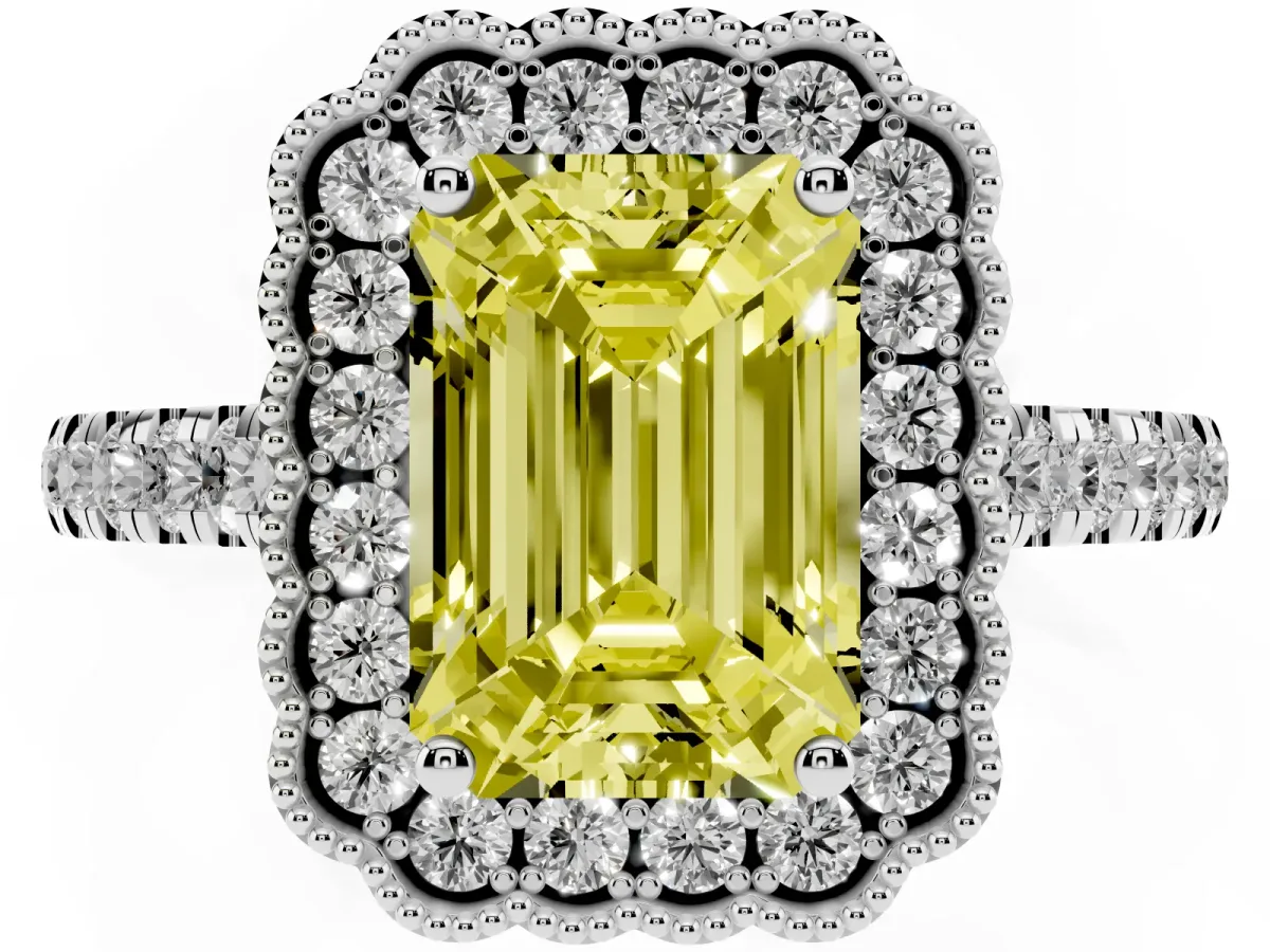 Fancy Yellow Emerald Cut Cut Diamond Milgrain Floral Halo Engagement Ring with Pavé Band Silver