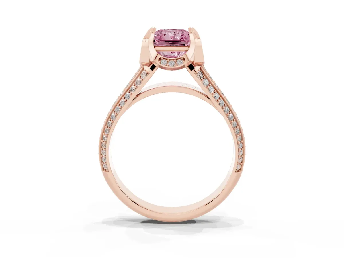 Fancy Pink Radiant Cut Solitaire Pave Split Shank Ring with Four-Prong Setting Rose gold
