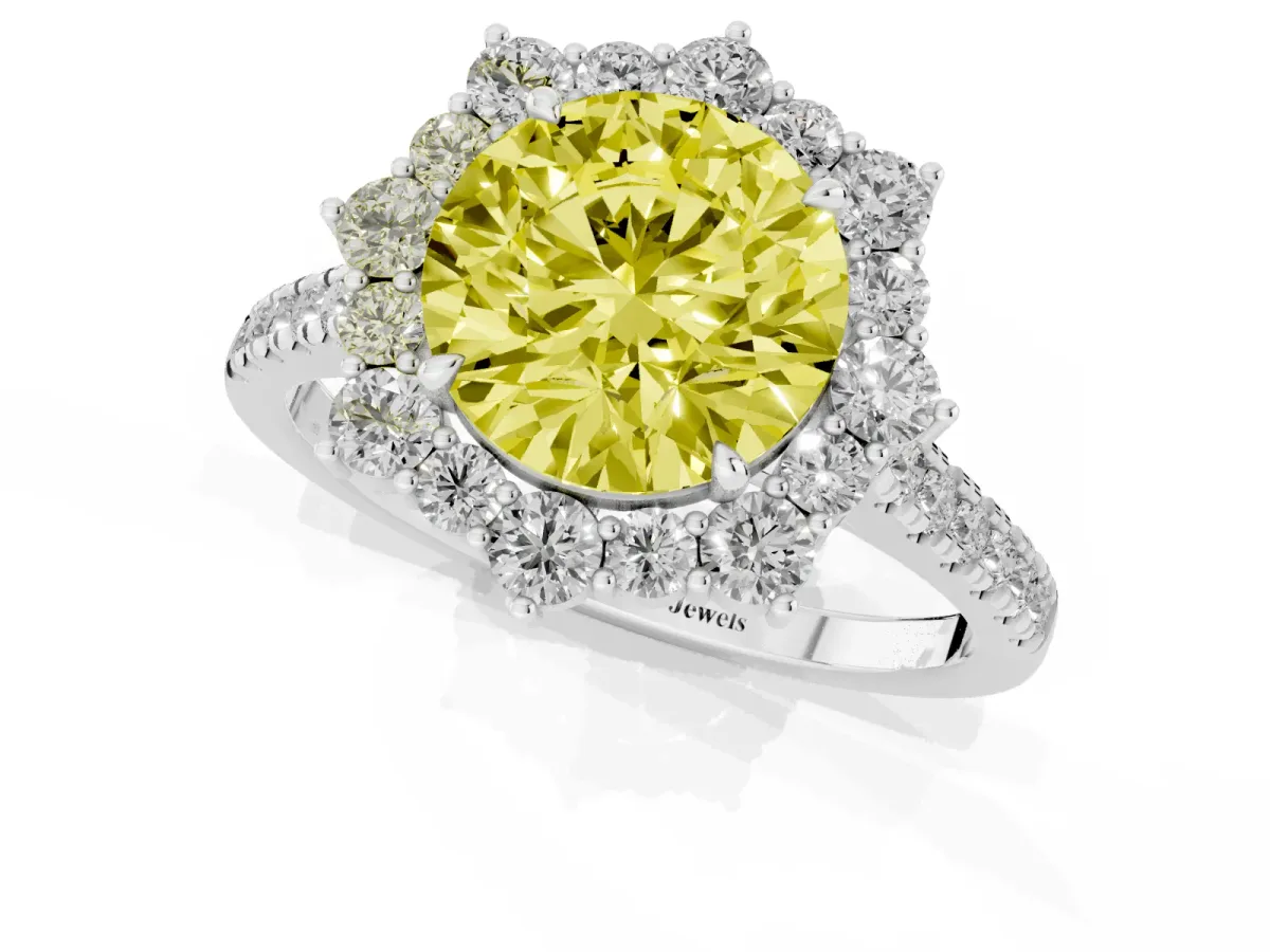 Fancy Yellow Round Cut Halo Diamond Ring with Pavé Band and Prong Setting Silver