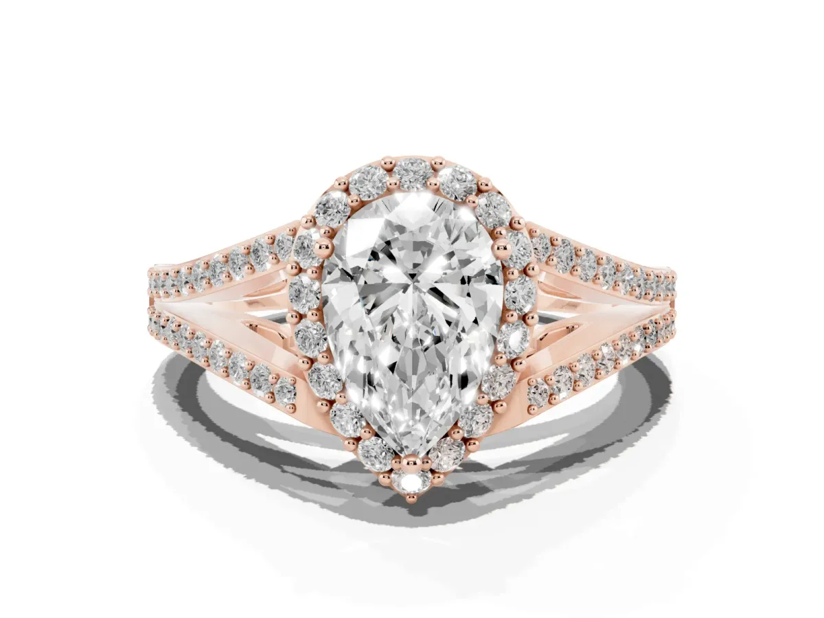 Pear Cut Halo Split Shank Diamond Ring with Prong Setting Rose gold
