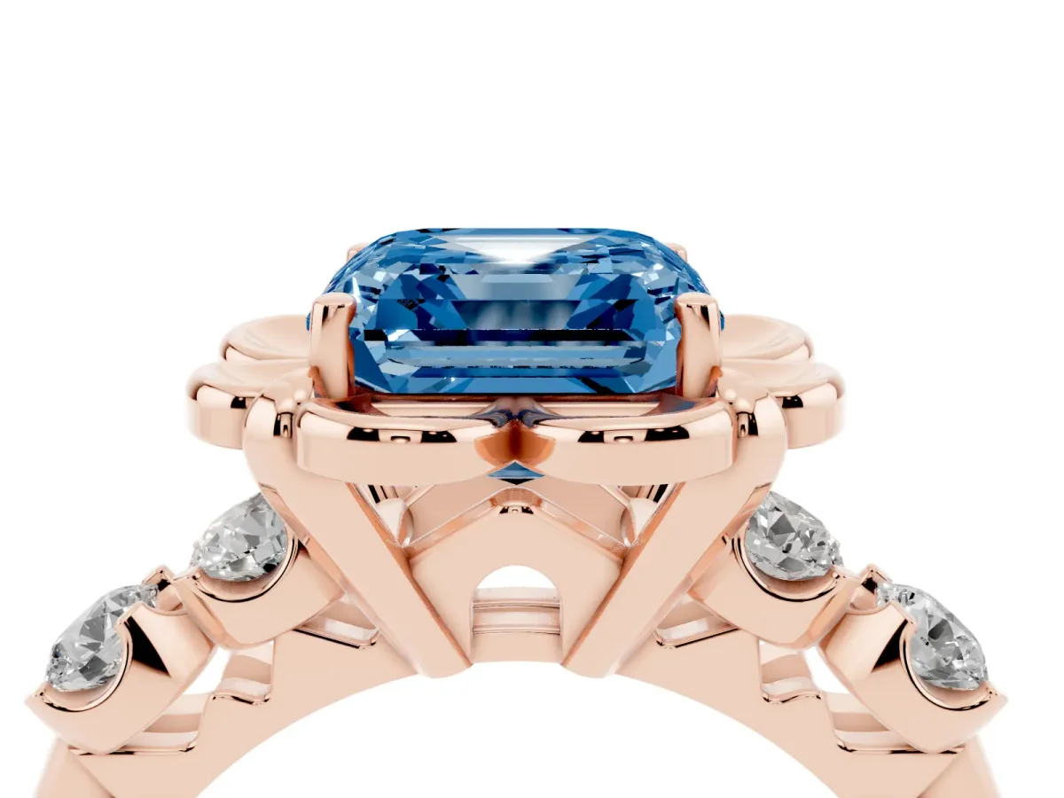 Fancy Blue Asscher Cut Cut Diamond Floral Halo Engagement Ring with Shared Prong Setting Rose gold