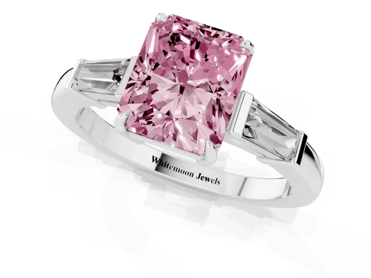 Fancy Pink Radiant Cut Diamond Three-Stone Ring with Tapered Baguette Side Stones and Prong Setting Silver