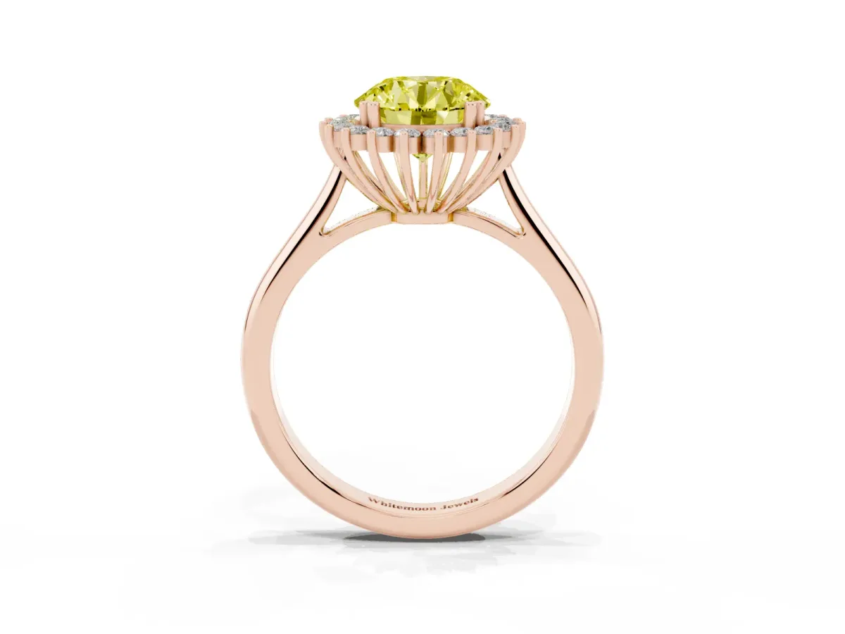 Fancy Yellow Round Cut Cut Diamond Halo Ring with Solitaire Band and Prong Setting Rose gold