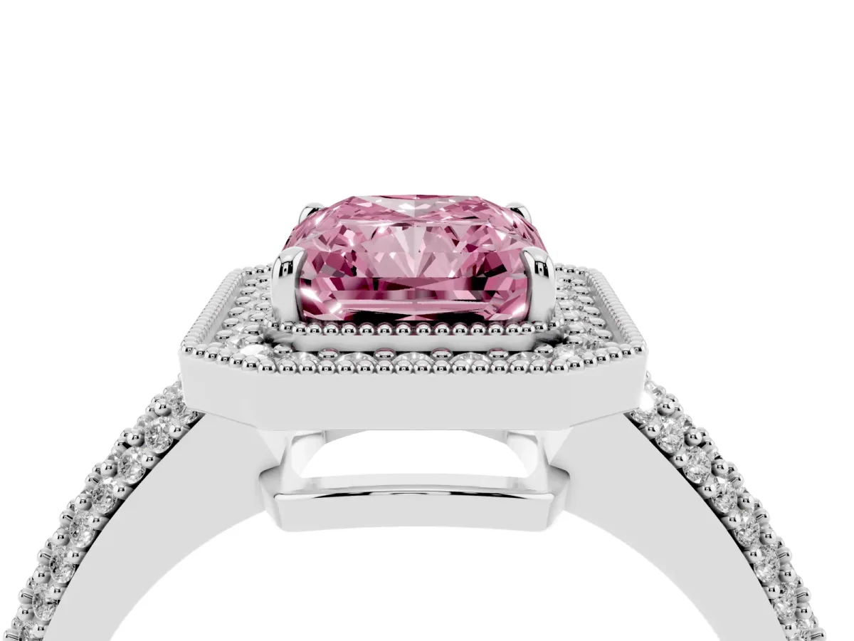 Fancy Pink Radiant Cut Cut Halo Diamond Pave Band with Four-Prong Setting Platinum