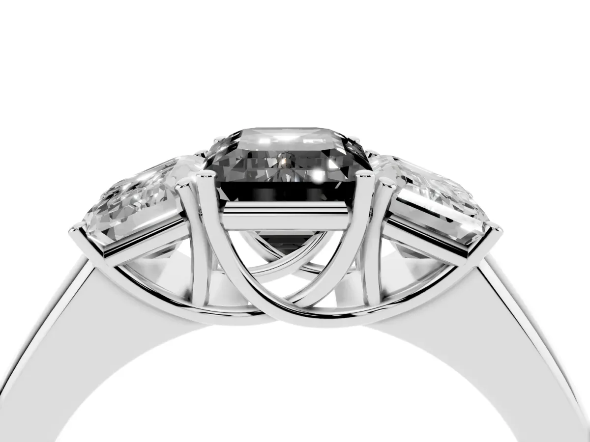 Fancy Black Three-Stone Emerald Cut Cut Diamond Ring with Prong Setting and Classic Band Silver