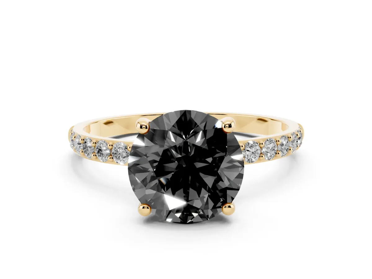Fancy Black Round Cut Diamond Solitaire Ring with Round Pavé Band and Prong Setting Yellow gold