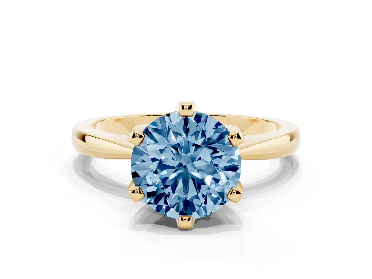 Fancy Blue Round Cut Solitaire Engagement Ring with Six-Prong Setting and Tapered Band Yellow gold