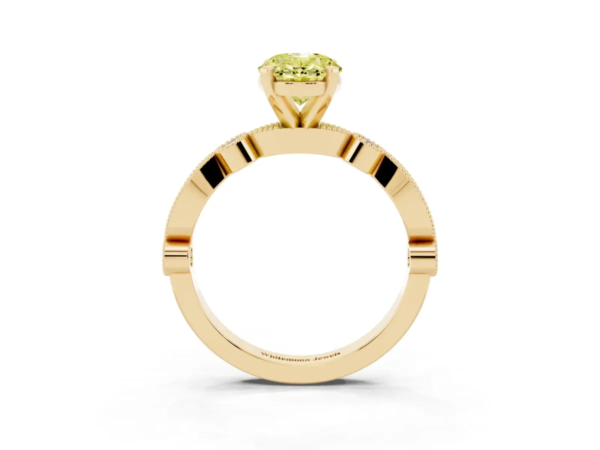 Fancy Yellow Oval Cut Milgrain Bezel Diamond Engagement Ring with Solitaire Prong Setting Yellow gold