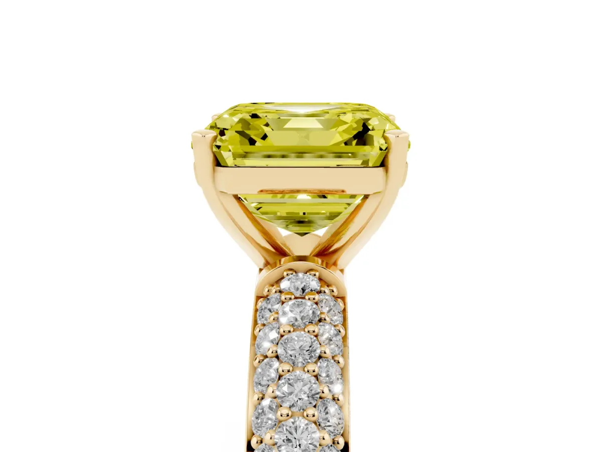 Fancy Yellow Asscher Cut Diamond Solitaire Ring with Prong Setting and Pavé Band Yellow gold