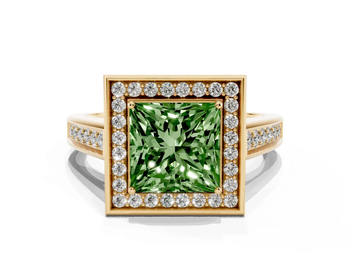 Fancy Green Princess Cut Halo Solitaire Diamond Ring with Pave Band and Bezel Setting Yellow gold