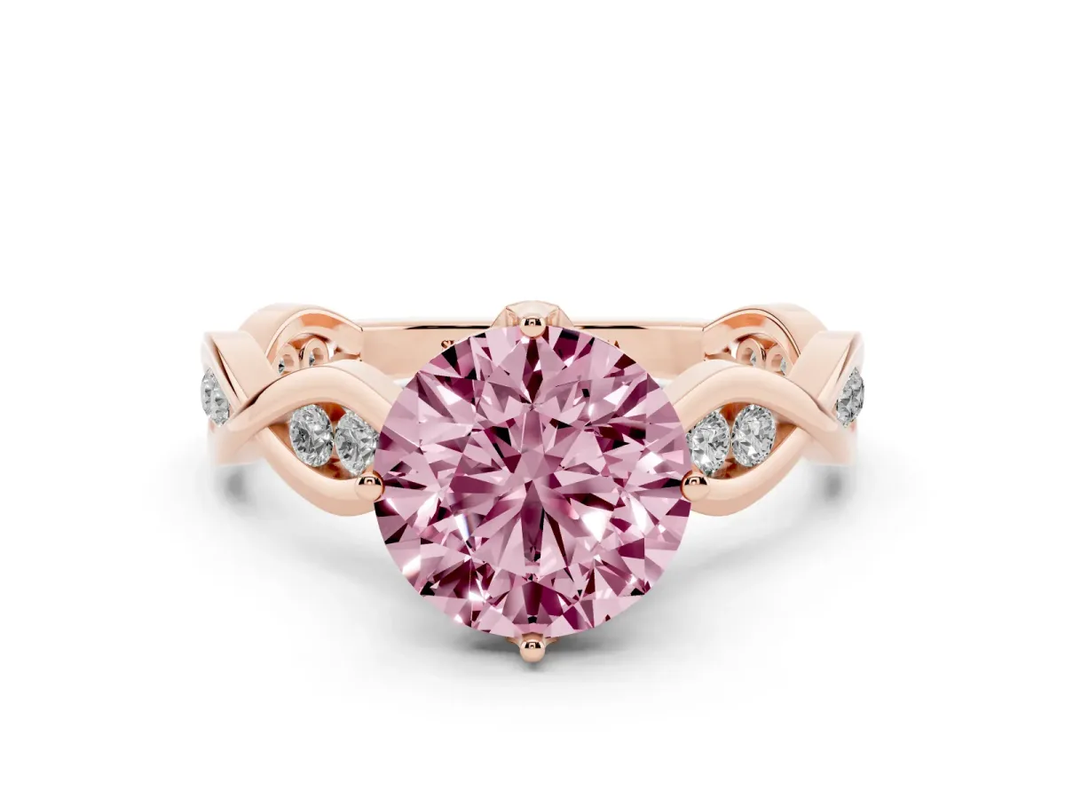 Fancy Pink Round Cut Solitaire Twist Band with Leaf Prong Setting Rose gold