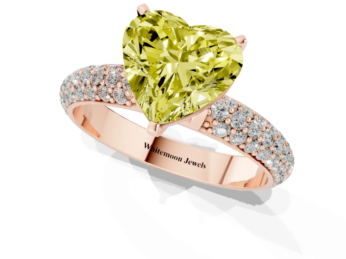 Fancy Yellow Heart Cut Diamond Solitaire Ring with Prong Setting and Pavé Band Rose gold
