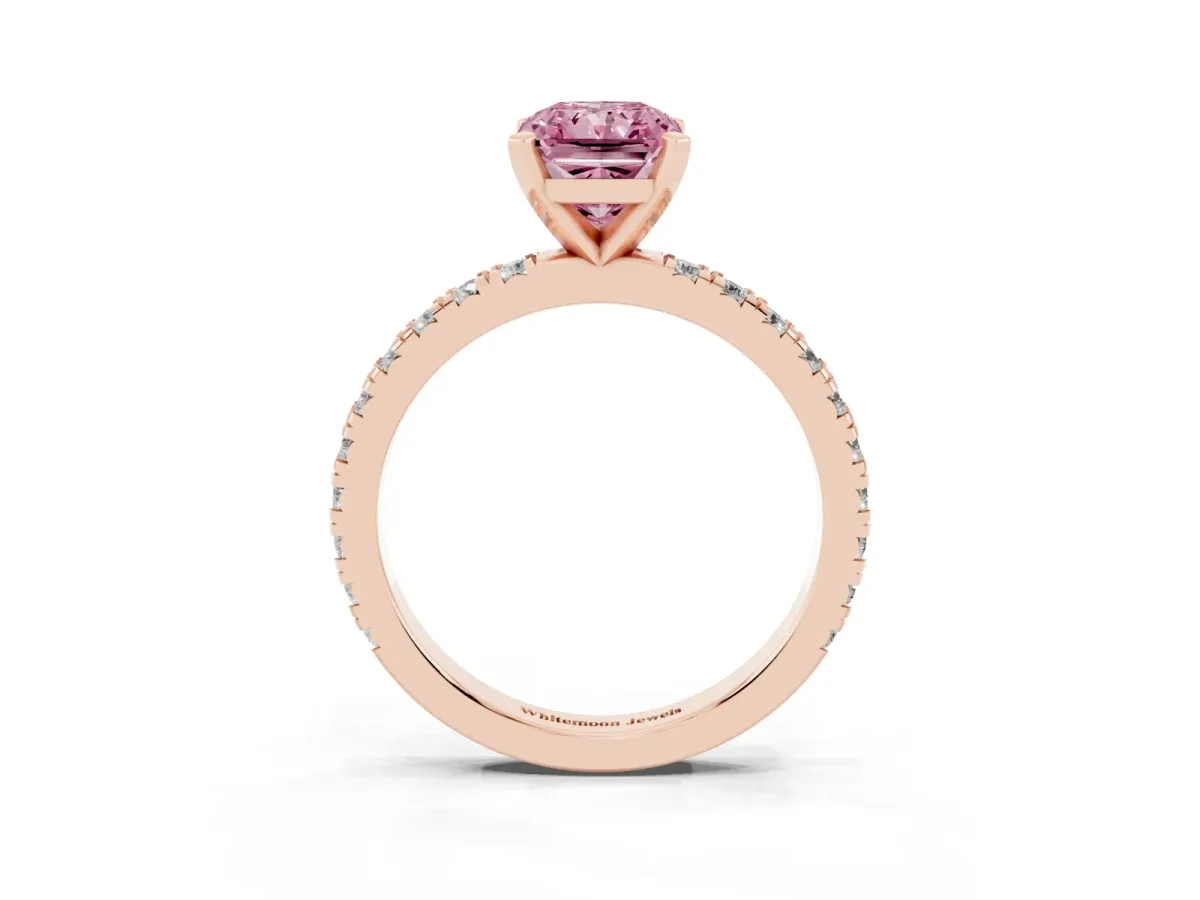 Fancy Pink Radiant Cut Diamond Pavé Band Solitaire with Four-Prong Setting Rose gold