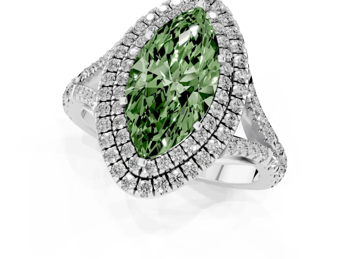 Fancy Green Marquise Cut Cut Double Halo Split Shank Diamond Ring with Prong Setting Silver