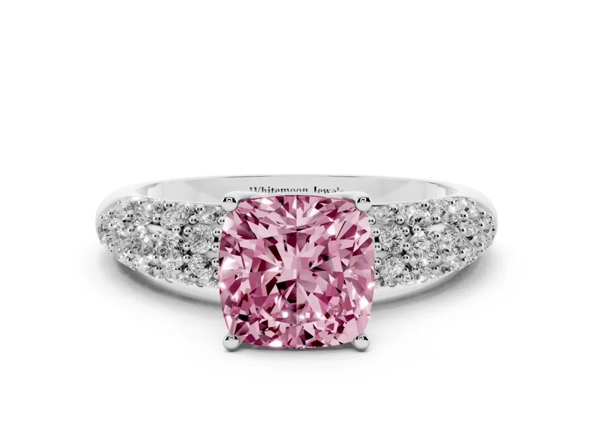 Fancy Pink Cushion Cut Diamond Pavé Band Solitaire Ring with Four-Prong Setting Silver