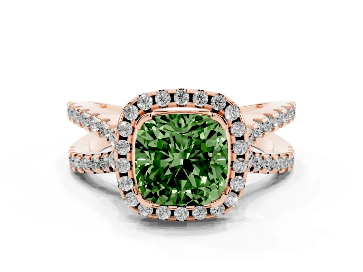 Fancy Green Cushion Cut Diamond Halo Ring with Split Shank Pavé Band and Prong Setting Rose gold