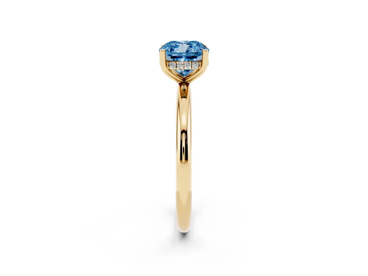 Fancy Blue Cushion Cut Cut Solitaire Engagement Ring with Four-Prong Setting and Classic Band Yellow gold