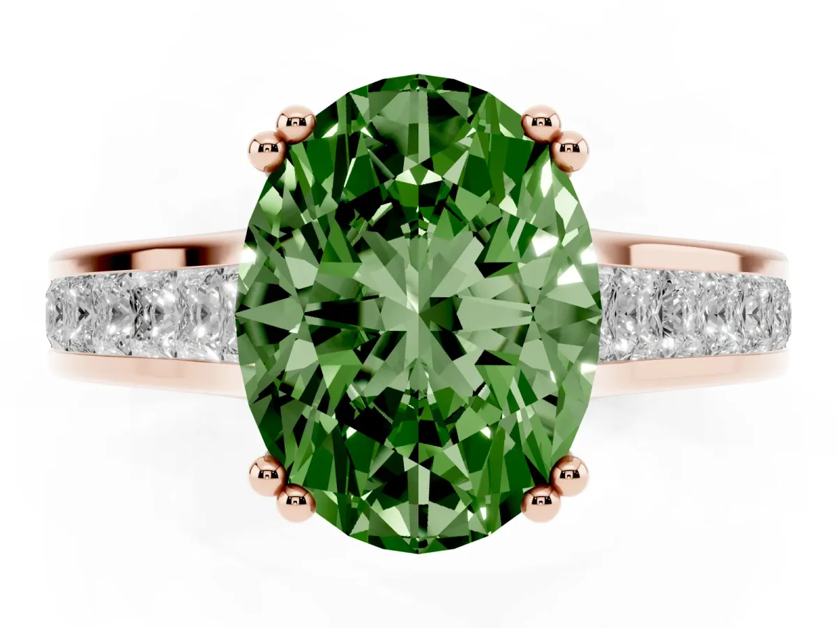 Fancy Green Oval Cut Cut Channel Set Solitaire Engagement Ring with Prong Setting Rose gold