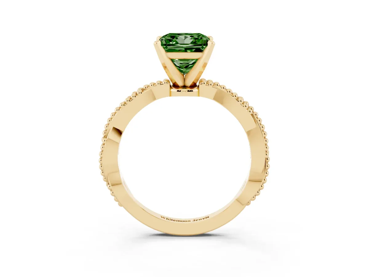 Fancy Green Princess Cut Solitaire Twisted Band with Bead Prong Setting Yellow gold
