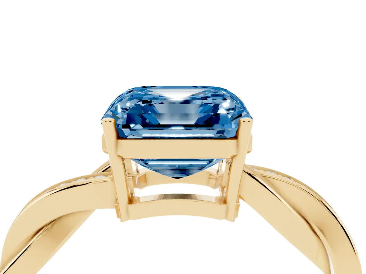 Fancy Blue Asscher Cut Solitaire Twisted Pave Diamond Ring with Four-Prong Setting Yellow gold