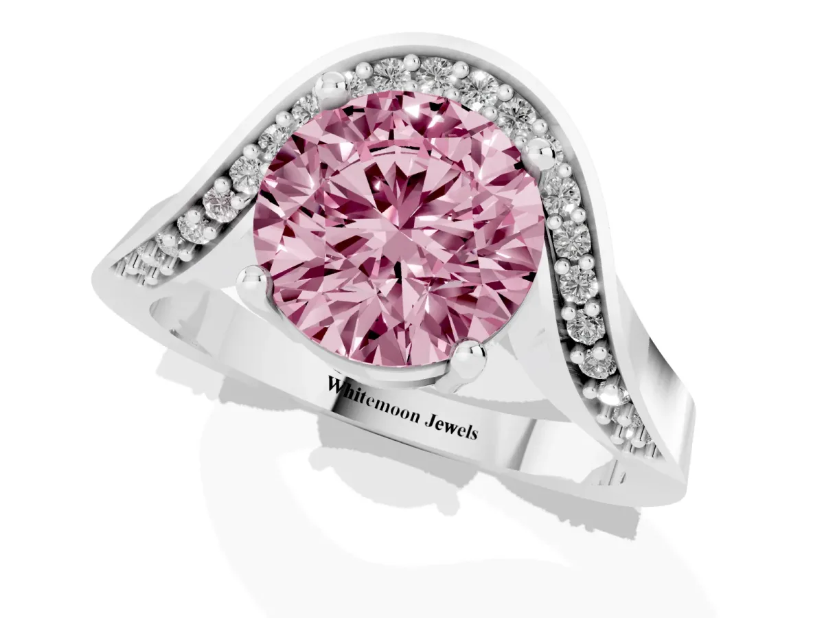 Fancy Pink Round Cut Solitaire Diamond Engagement Ring with Pave Band and Four-Prong Setting Platinum