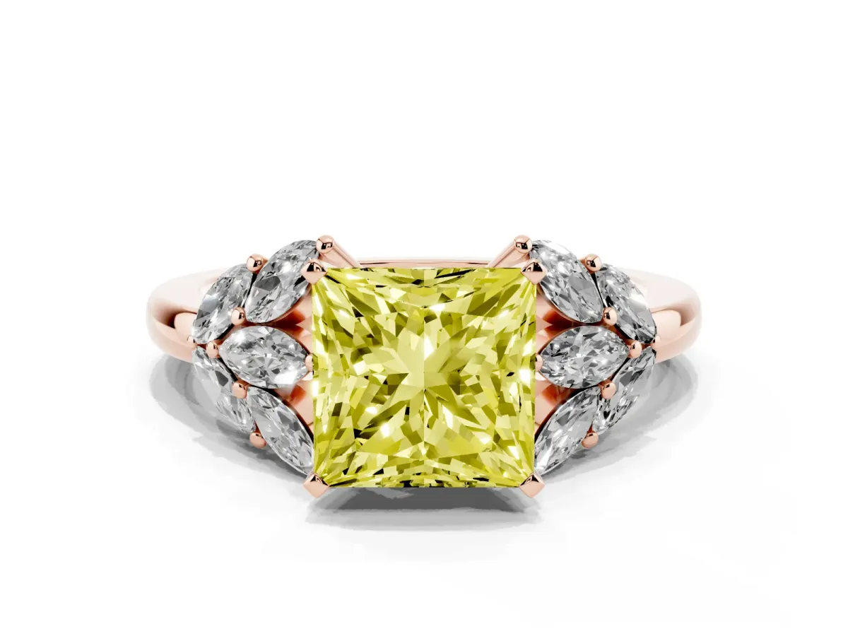 Fancy Yellow Princess Cut Diamond Cluster Leaf Design Ring with Prong Setting Rose gold