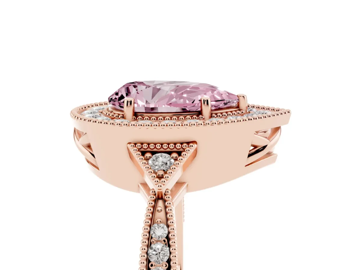 Fancy Pink Pear Cut Halo Round Diamond Milgrain Pave Engagement Ring Rose gold