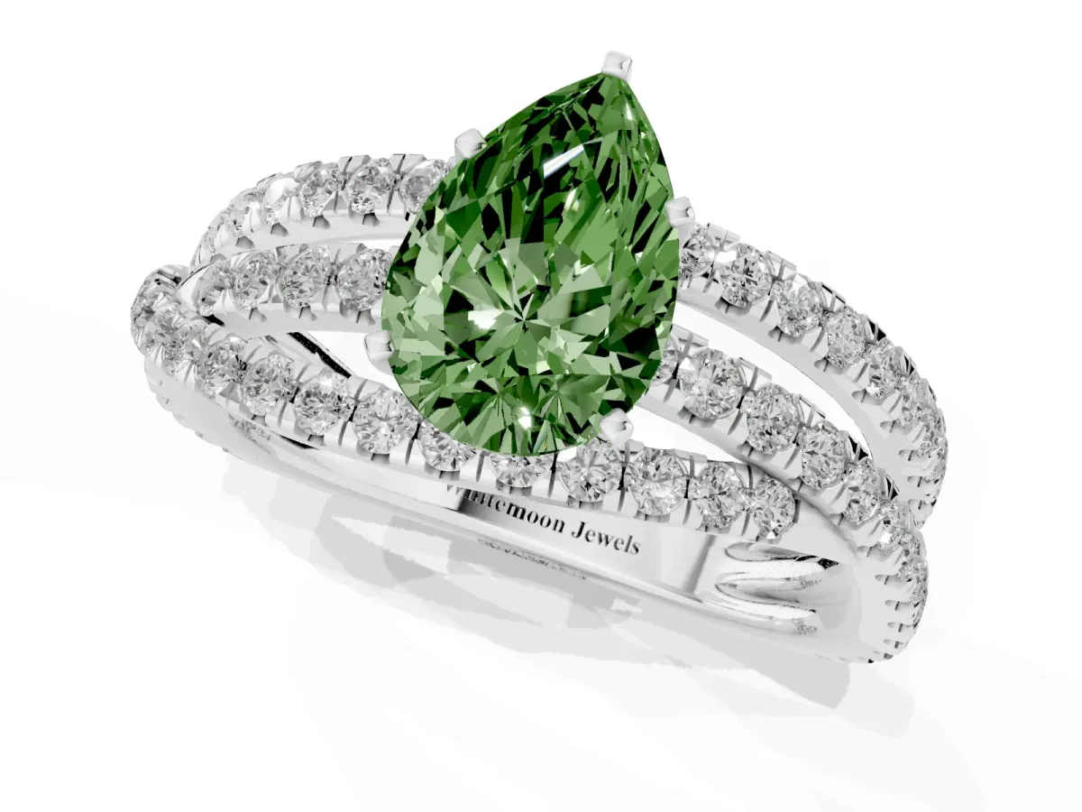 Fancy Green Pear Cut Solitaire Twist Band with Pavé Setting and Four-Prong Setting Silver