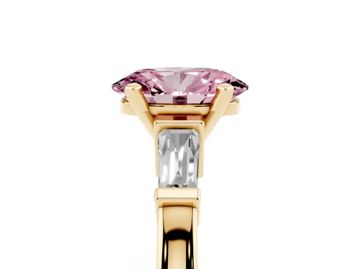 Fancy Pink Oval Cut Cut Diamond Solitaire Ring with Tapered Baguette Accents and Four-Prong Setting Yellow gold